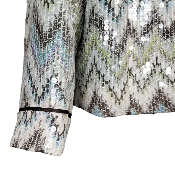 Chicos 2 Size L Jacket Sequin Blazer Zig-Zag Shimmer Chevron Fitted Sparkle - Picture 4 of 7
